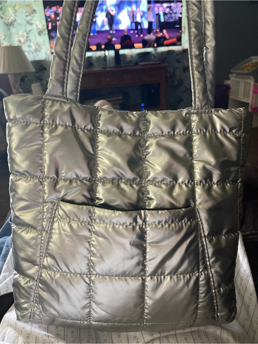 Quilted Metallic Shopper Tote - Silver